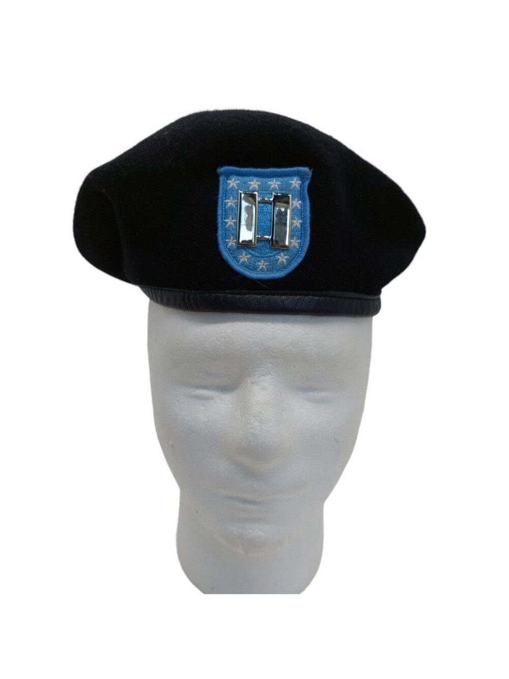 US Army Black Wool Beret Blue Flash Metal Captain Rank Size 6 3/4